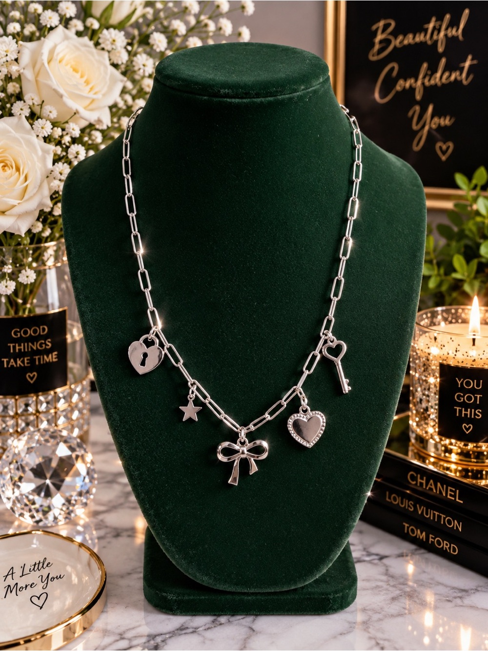Silver Charm Link Necklace with Heart, Bow & Key